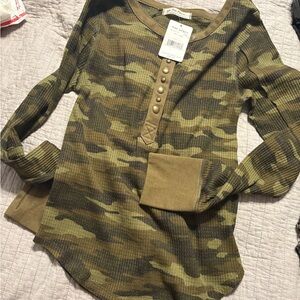 Free People Camo Long Sleeve Henley Top